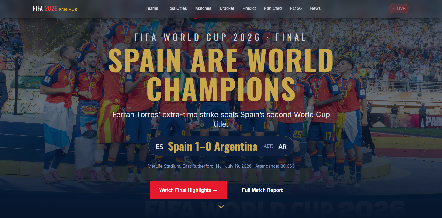 FIFA World Cup 2026 fan hub — match cards, host cities and live standings