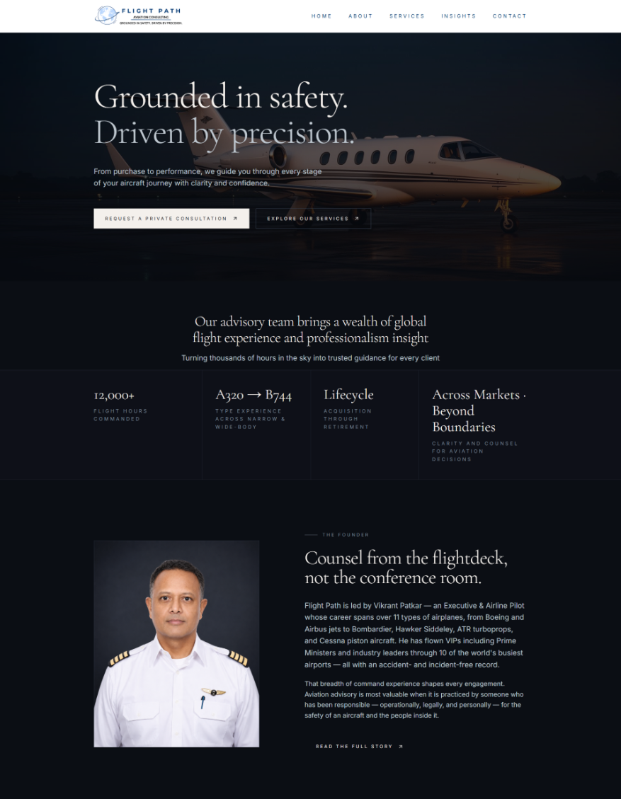 Flightpath Aviation Consultants website — dark editorial homepage with aircraft hero