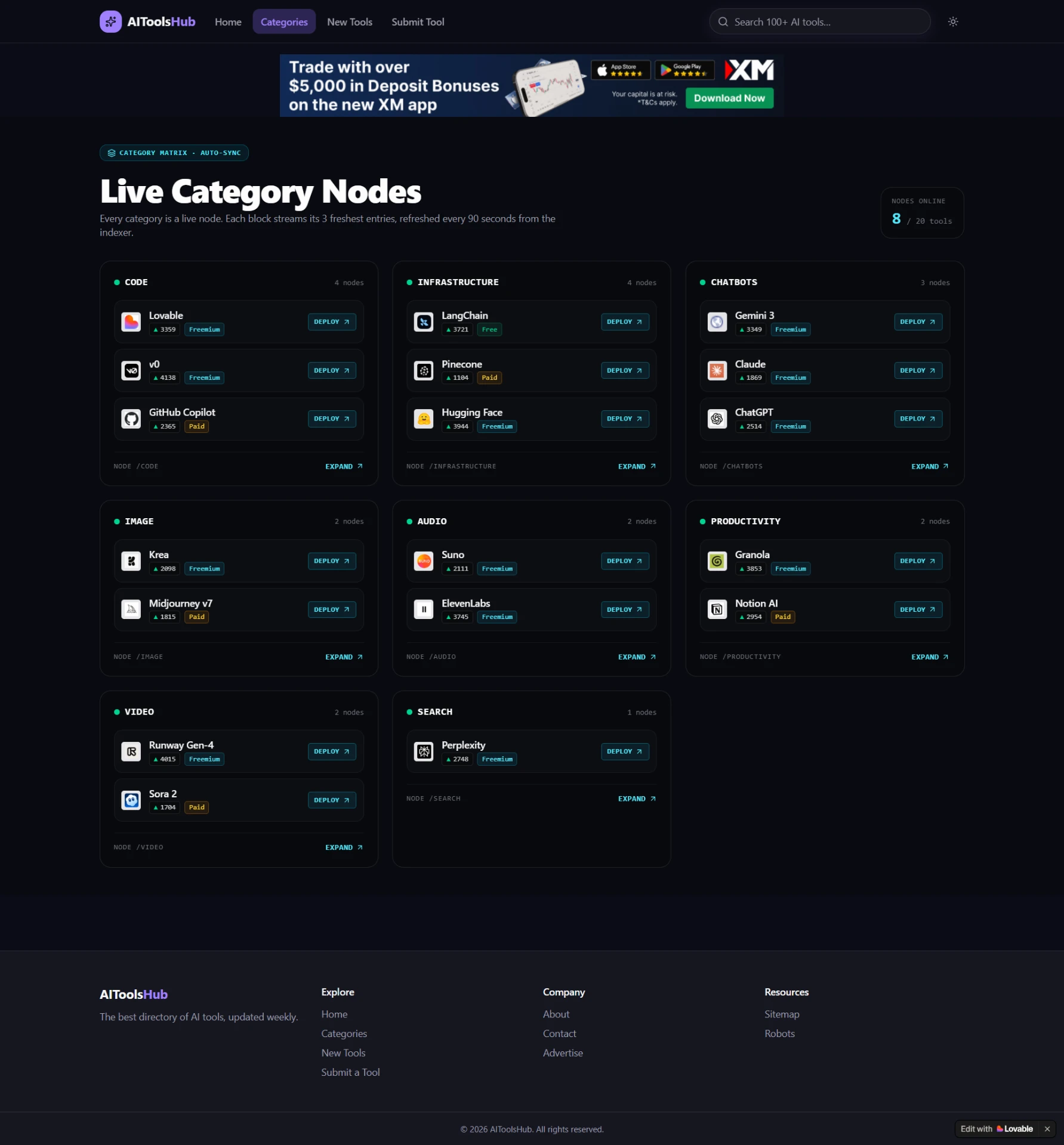 AIToolsHub — dark live category nodes interface with AI tool listings