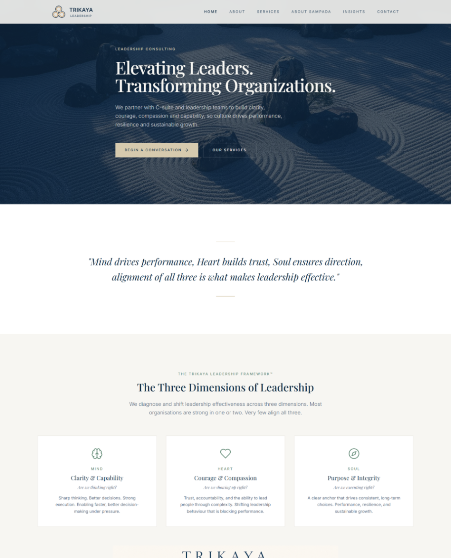 Trikaya Leadership website — editorial homepage with leadership framework sections