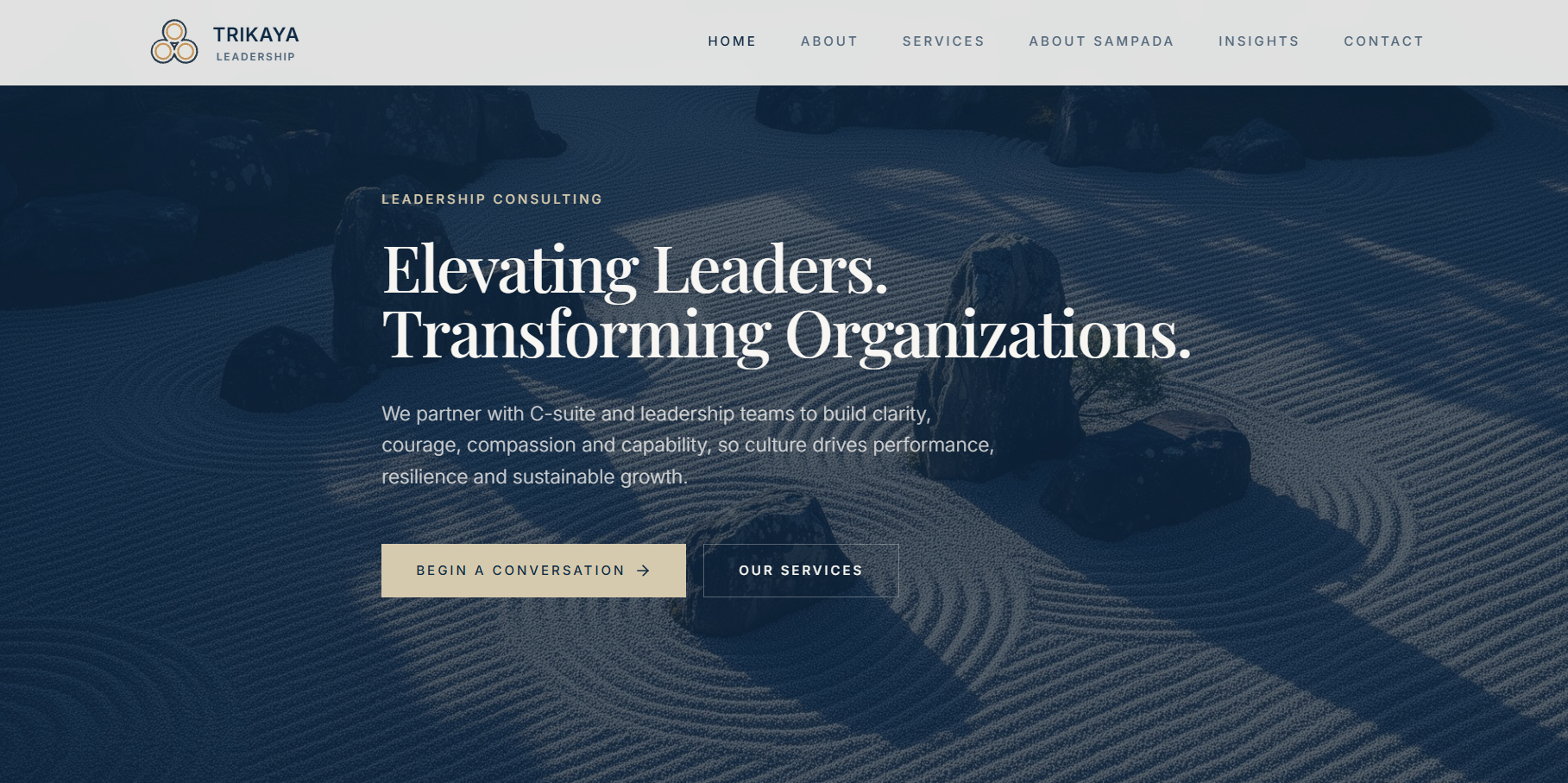 Trikaya Leadership website — editorial homepage with leadership framework sections