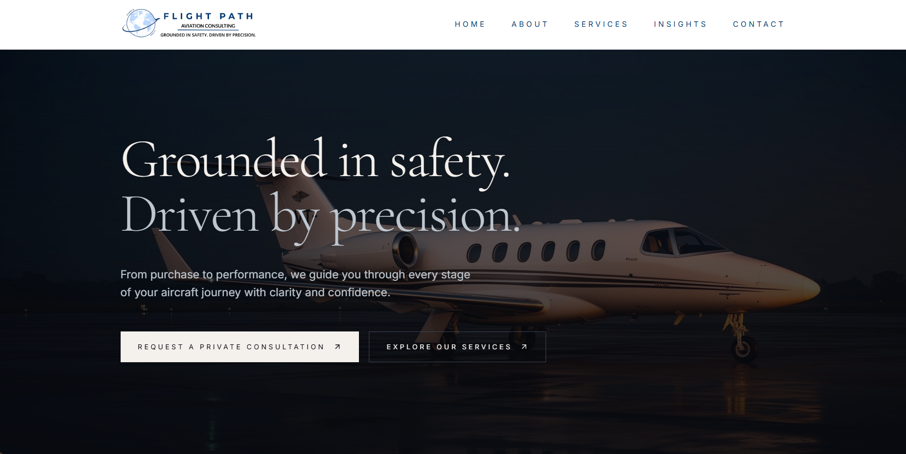 Flightpath Aviation Consultants website — dark editorial homepage with aircraft hero