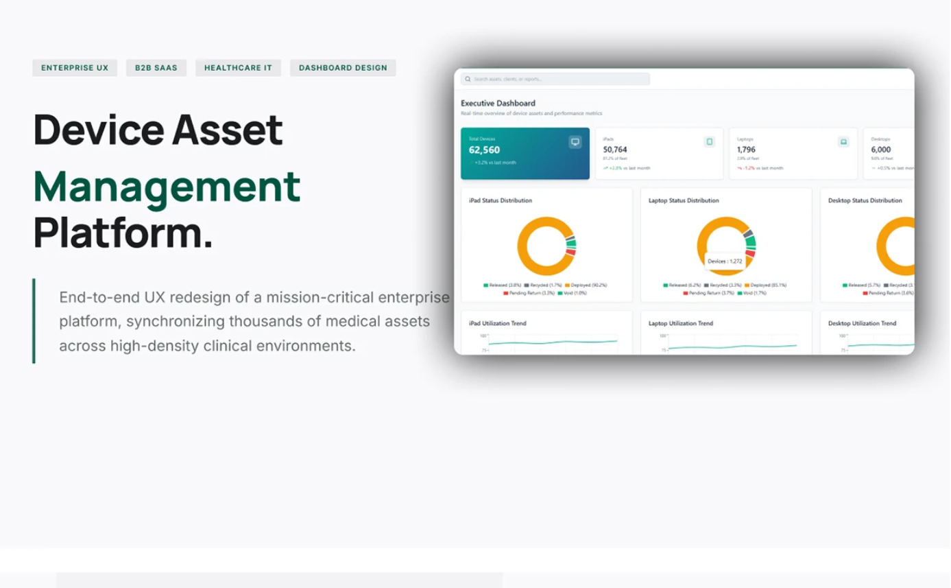AMN Healthcare device asset management platform — inventory dashboard with device cards and maintenance timeline