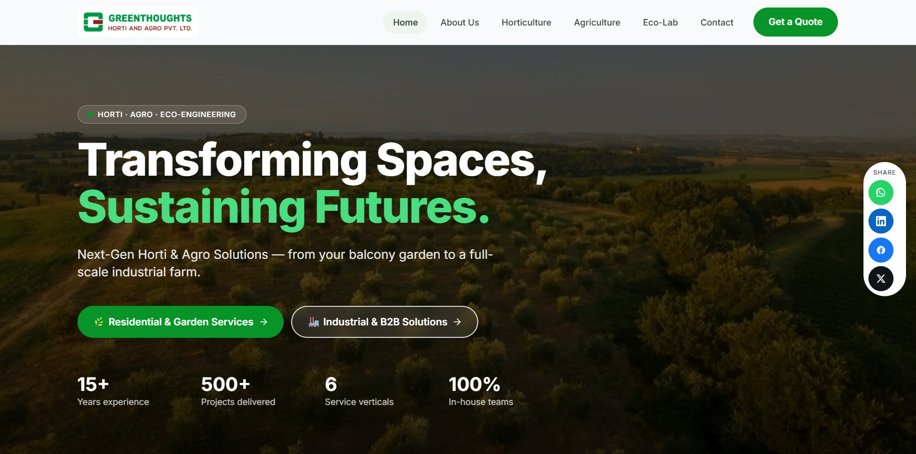 Green Thoughts live website screenshot showing sustainability-focused messaging