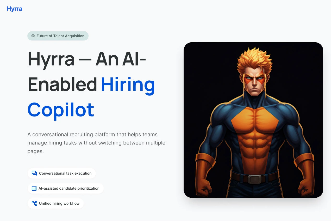 Hyrra AI hiring copilot — conversational chat interface with candidate pipeline and insights