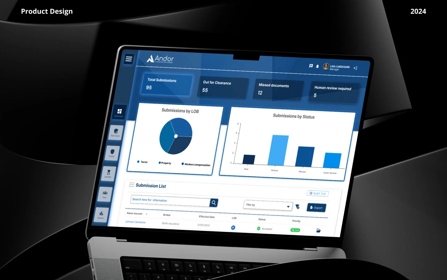 Submission Hub Portal — enterprise submission dashboard with document list and upload area